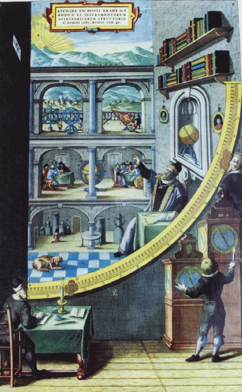 O grande “Quadrante Mural” ou “Quadrante Tychoniano”. Trata-se de um quadrante de latão, com um raio de quase dois metros, fixo em uma parede, dai o seu nome, “Mural”. A pintura é do cartógrafo e pintor holandês Jan Blaeu, de Amsterdam, que reproduziu em cores uma ilustração, em preto e branco, do livro de Tycho Brahe, “Astronomiae Instauratae Mechanica” (1598), onde são apresentados os instrumentos do astrônomo.